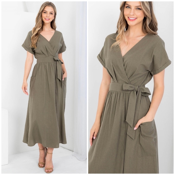 ILLA ILLA Dresses & Skirts - LAST ONE❗ILLA ILLA Chic Olive Surplice Wrap Around Midi Dress